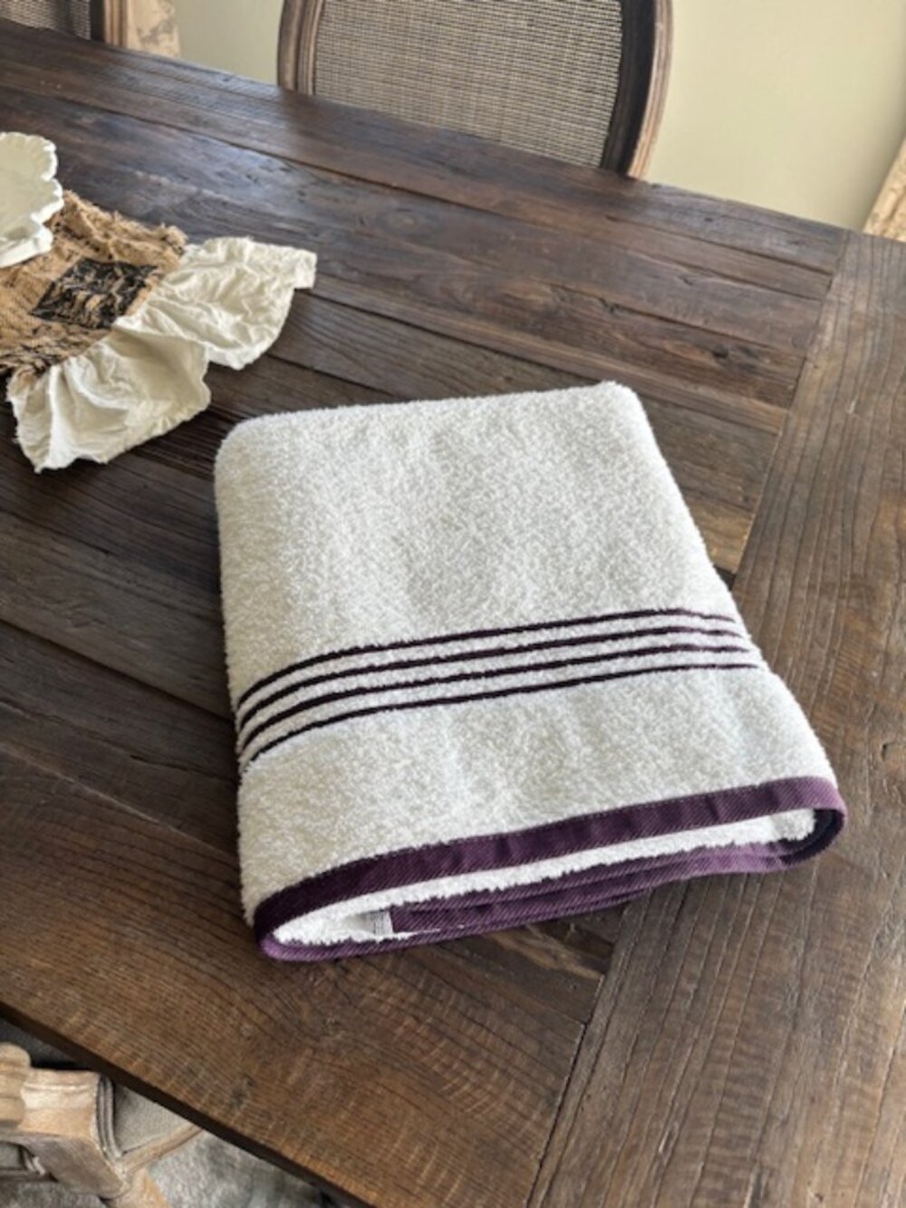 100% Cotton White Towel with Purple Stripes - REDUCED!